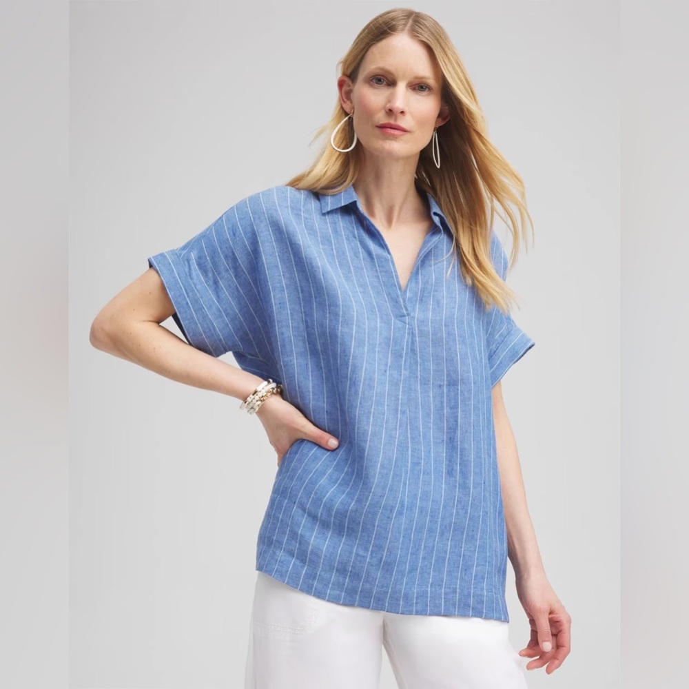 EUC Chico’s Linen Stripe Popover Top